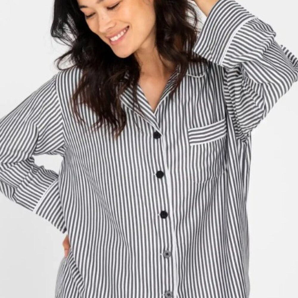Ettitude Sateen Slate Stripe Long Sleeve PJ Top Size Large